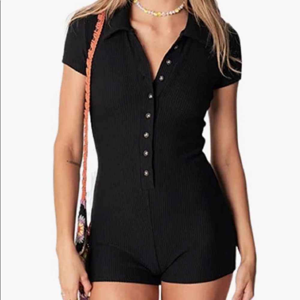 KMBANGI Short Sleeve Jumpsuit, Neck Buttons Rompers Shorts Knitted One Piece
